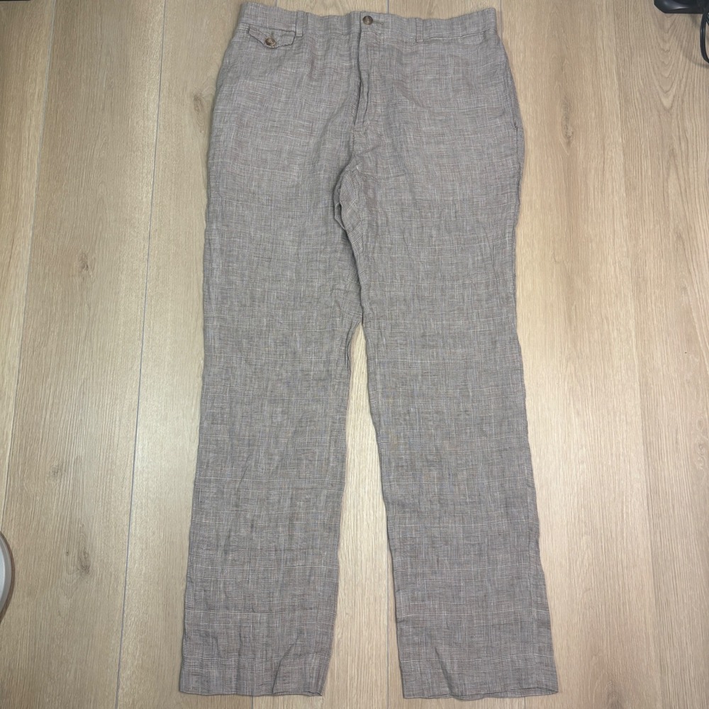 Perry Ellis Portfolio Tan Glen Plaid 100% Linen Straight Leg Trousers 32x32 Y2K